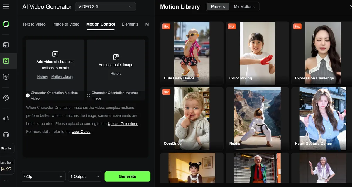 Kling AI Motion Control interface screenshot showing motion capture controls