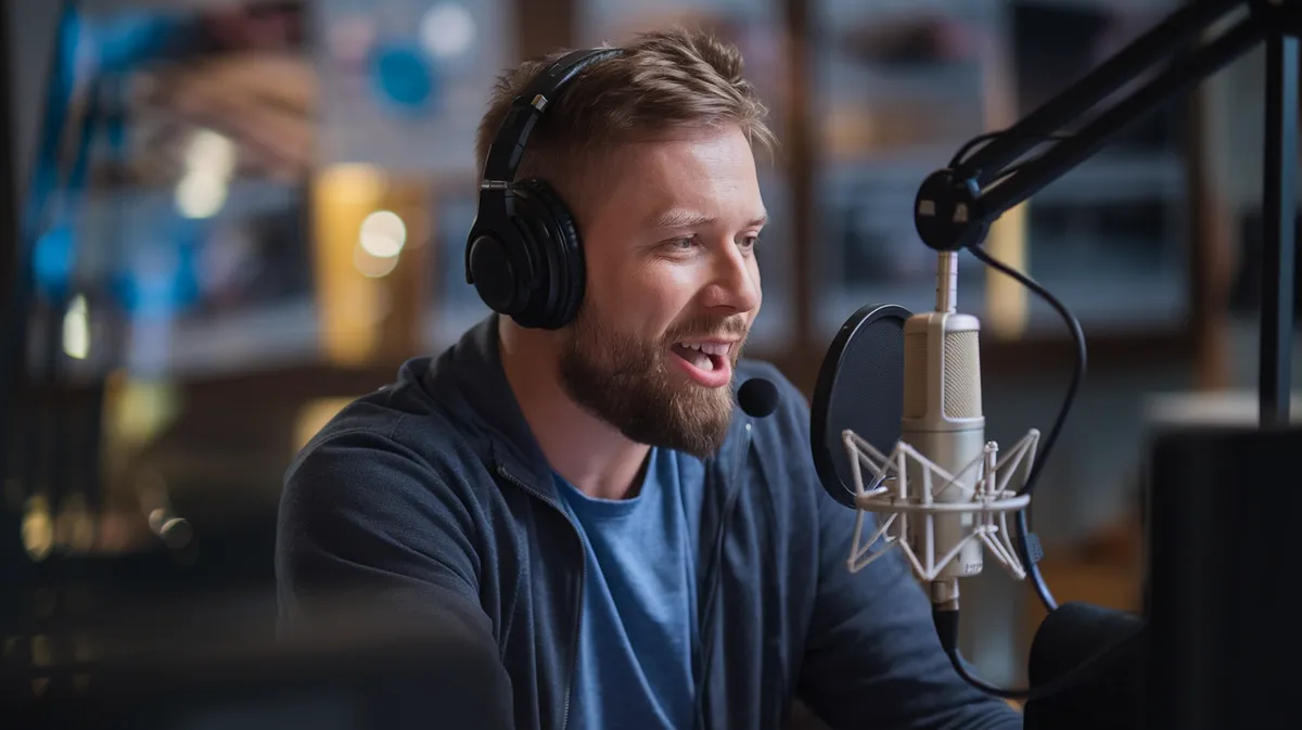 AI-generated podcaster still image with a professional mic, ready for avatar animation