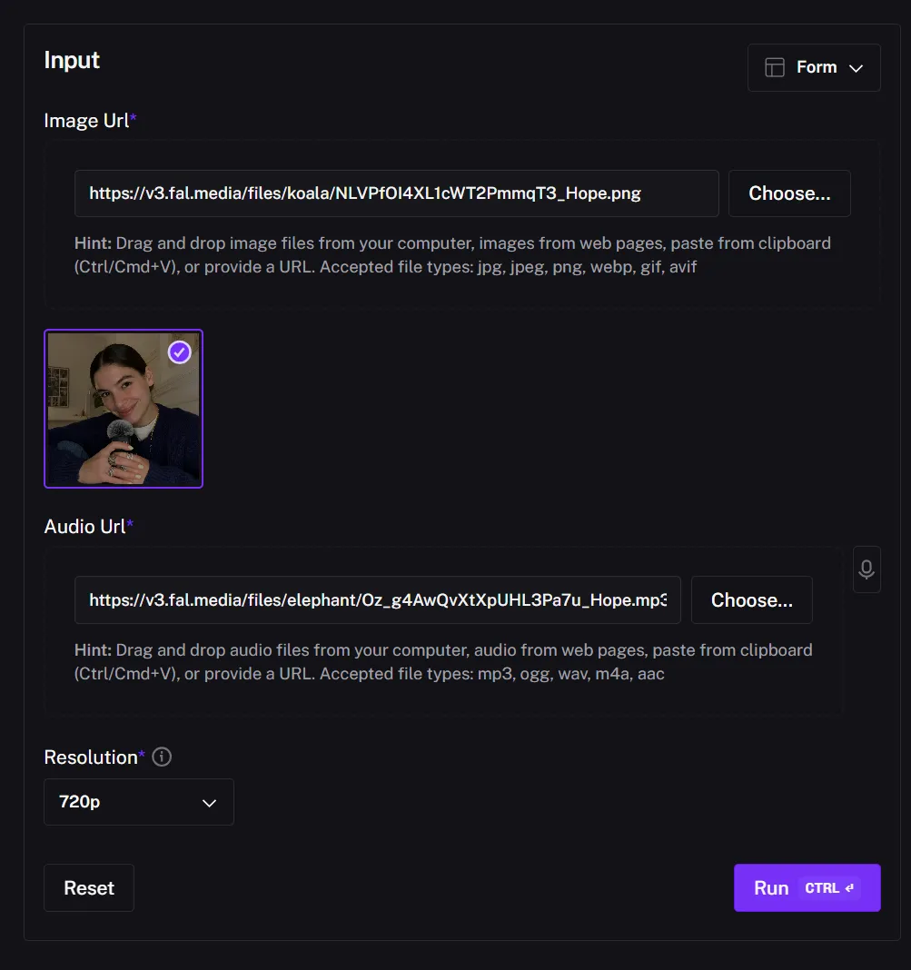 Veed Fabric on Fal.ai showing how an AI UGC talking-head video is generated from a single image and voice-over