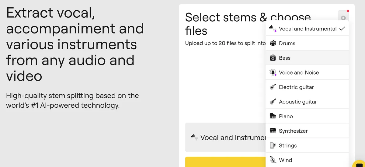 LALAL.AI screenshot showing stem options like vocals, instrumental, drums, bass, and more
