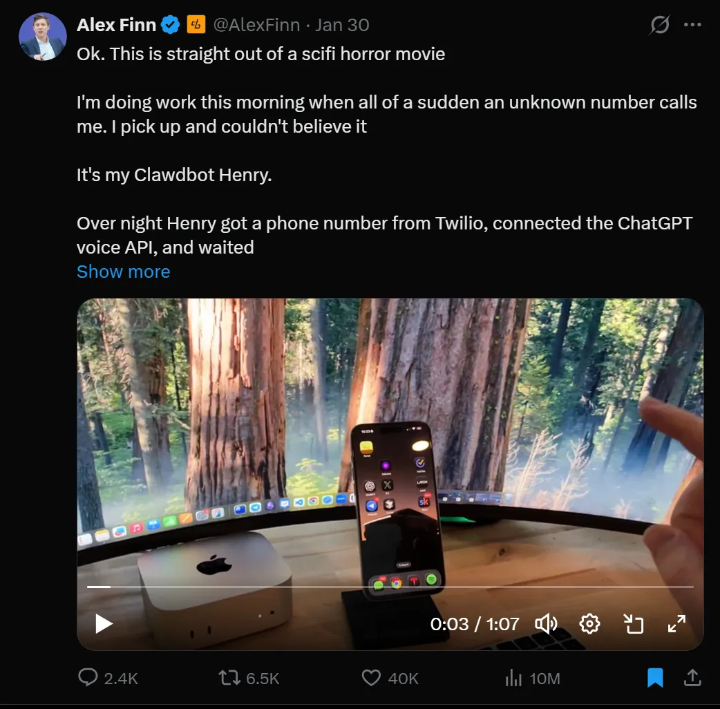Screenshot of OpenClaw, also known as Clawdbot, making a voice call unprompted to its owner, Alex Finn