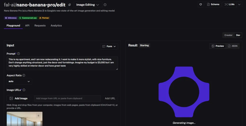 Fal.ai Nano Banana Pro Edit generating three interior design variations